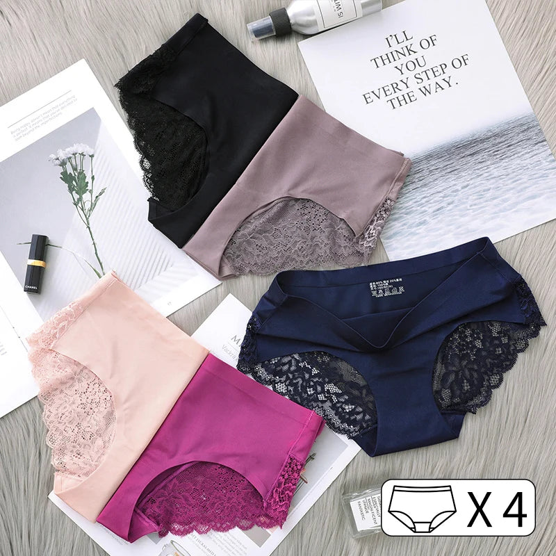 Ice Silk Underwear For Women Traceless Lace Pure Cotton Crotch Briefs