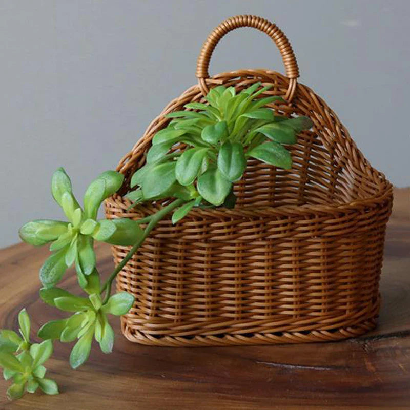 EMESA HOME Wall Mounted Vegetable and Fruit Basket, Simulated Rattan Hanging Plastic Basket, Wall-mounted Home Decoration