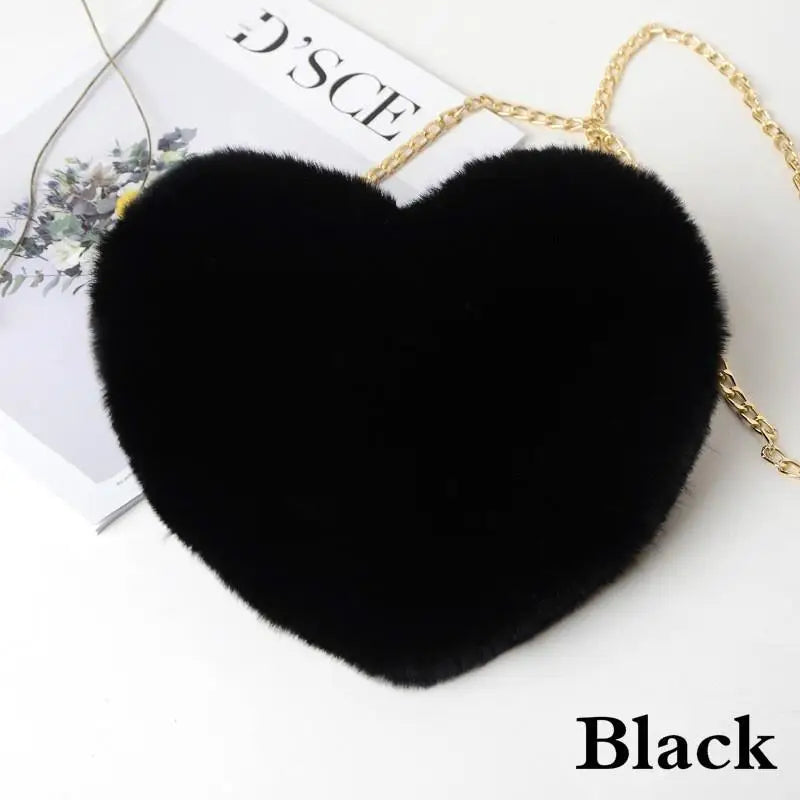 Heart Shaped Fluffy Shoulder Bag Fashion Chain Crossbody Bag Plush Handbag Cute
