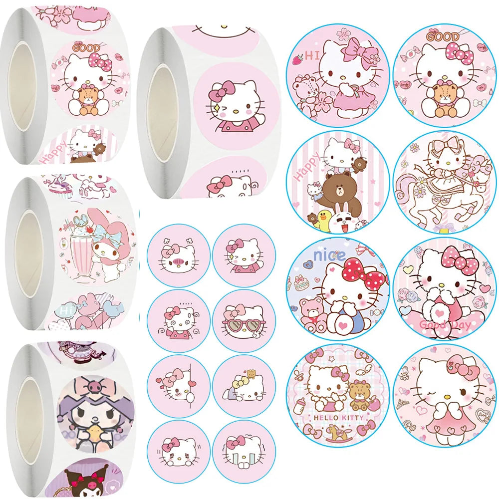 500pcs/Roll Cartoon Sanrio Stickers Kawaii Hello Kitty Kuromi Melody Diy Pvc Laptop Decals Decoration Sticker Kid Reward Gift Toy