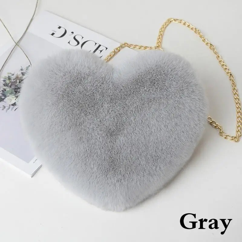 Heart Shaped Fluffy Shoulder Bag Fashion Chain Crossbody Bag Plush Handbag Cute