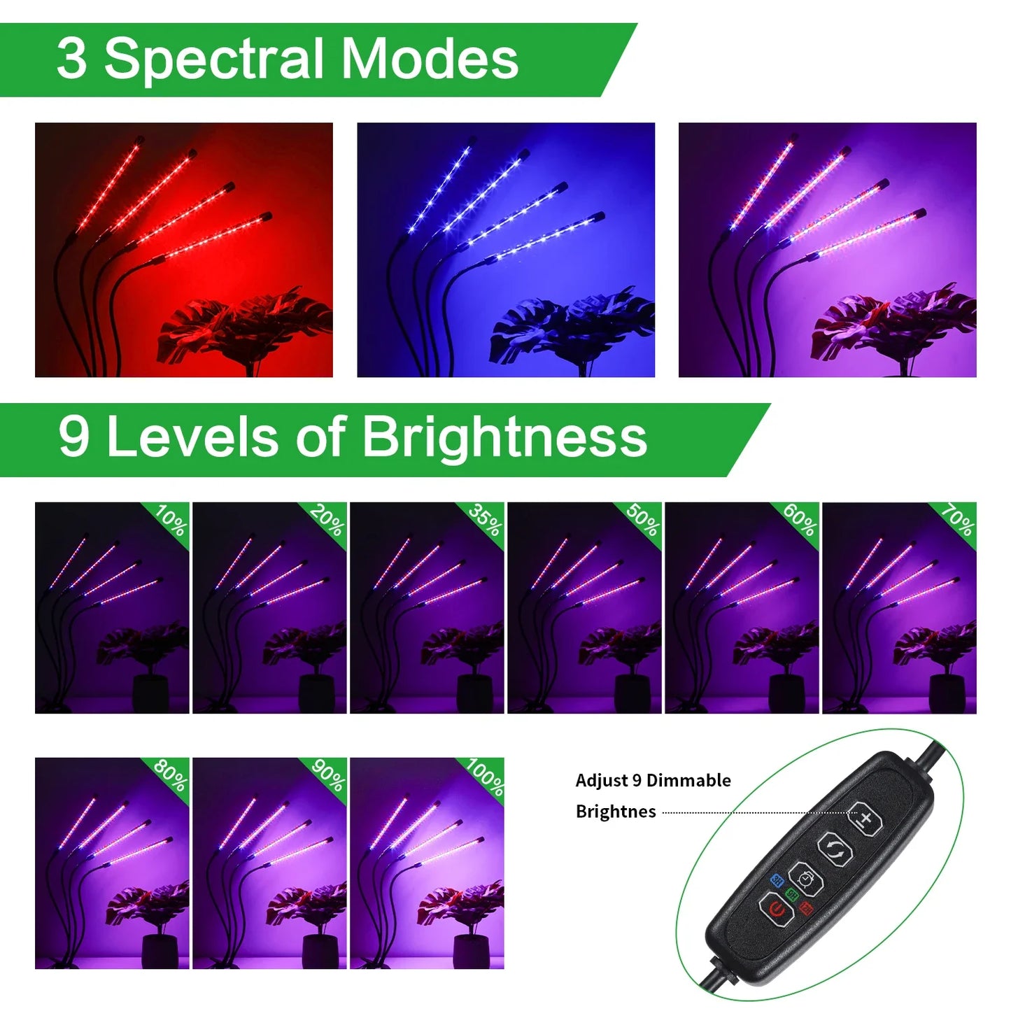 USB LED Plant Grow Light | 1/2/3/4 Head, 10 Dimming Levels, Timer