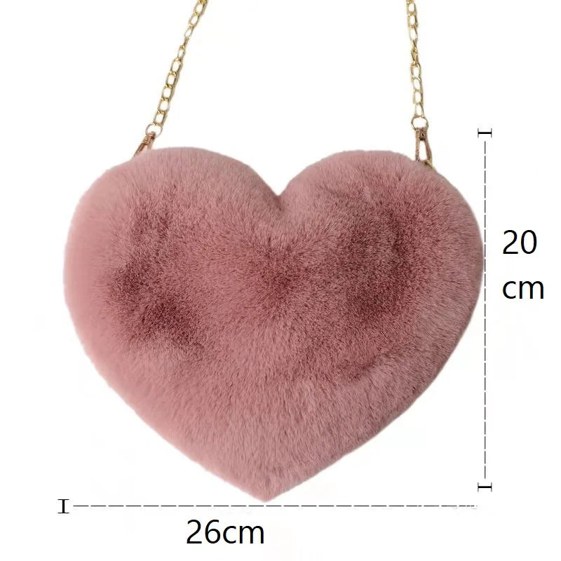 Heart Shaped Fluffy Shoulder Bag Fashion Chain Crossbody Bag Plush Handbag Cute