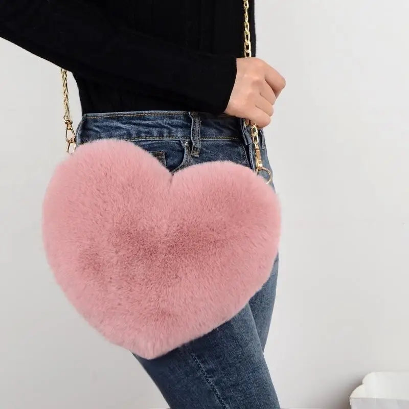 Heart Shaped Fluffy Shoulder Bag Fashion Chain Crossbody Bag Plush Handbag Cute