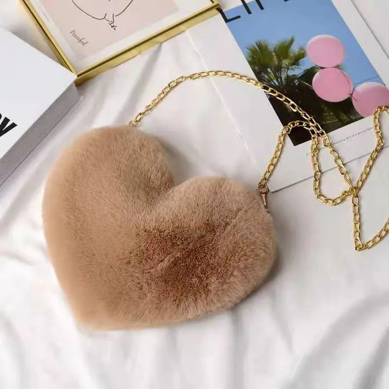 Heart Shaped Fluffy Shoulder Bag Fashion Chain Crossbody Bag Plush Handbag Cute
