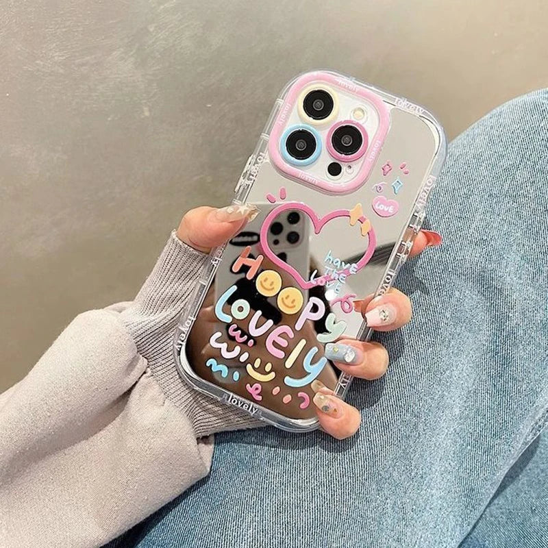 Hot Love Heart Air Cushion Mirror Phone Case | Water-Resistant, Anti-Fingerprint Half-Wrapped Y2K Girl Cover for iPhone 16, 15, 14, 13 Pro Max, 12, 11, X, XR, XS Max, 8 Plus, 7