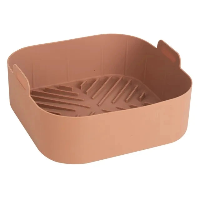 21cm Silicone Air Fryer Oven Baking Tray: Non-Stick Square Basket Mat for Pizza, Fried Chicken - Reusable Airfryer Pan