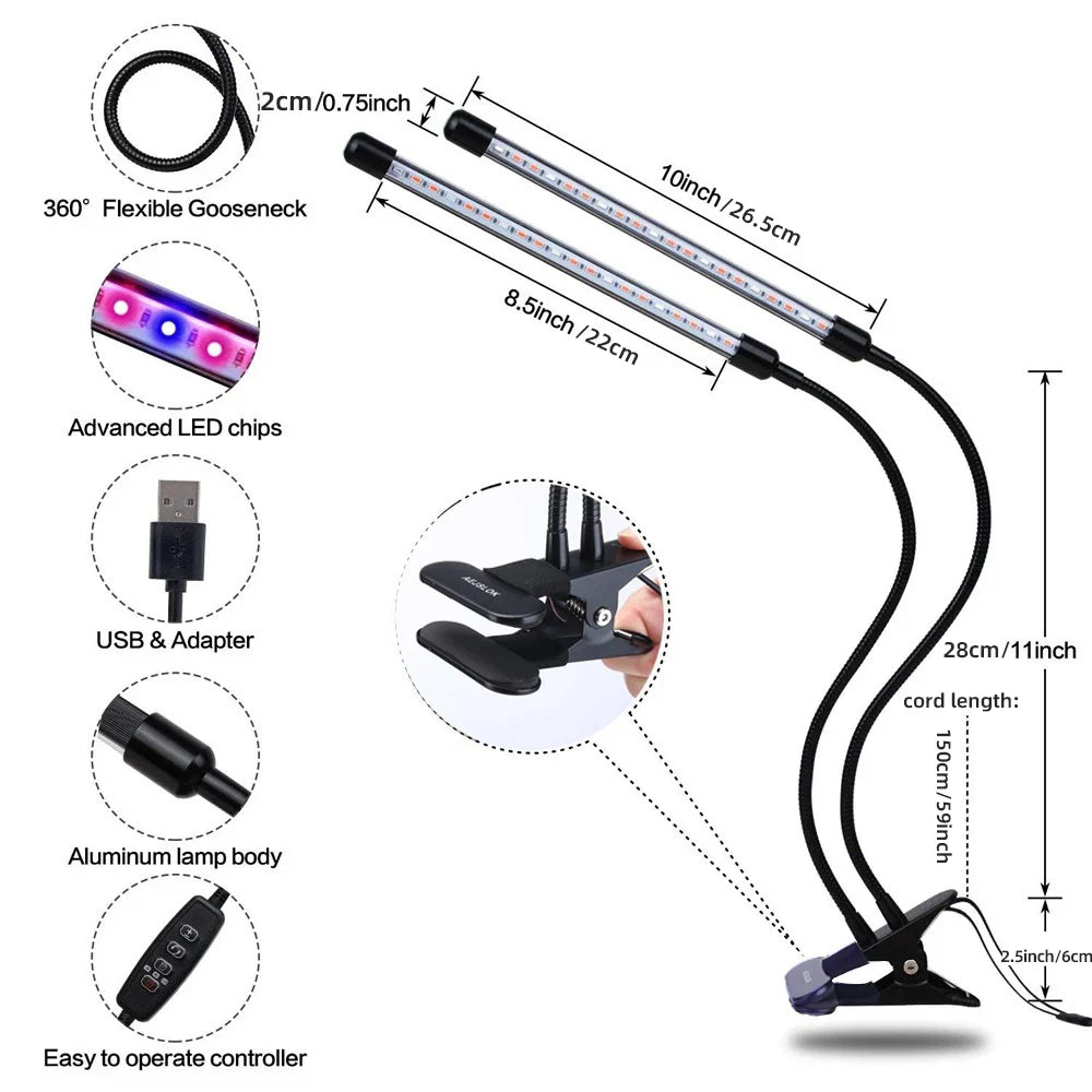 USB LED Plant Grow Light | 1/2/3/4 Head, 10 Dimming Levels, Timer