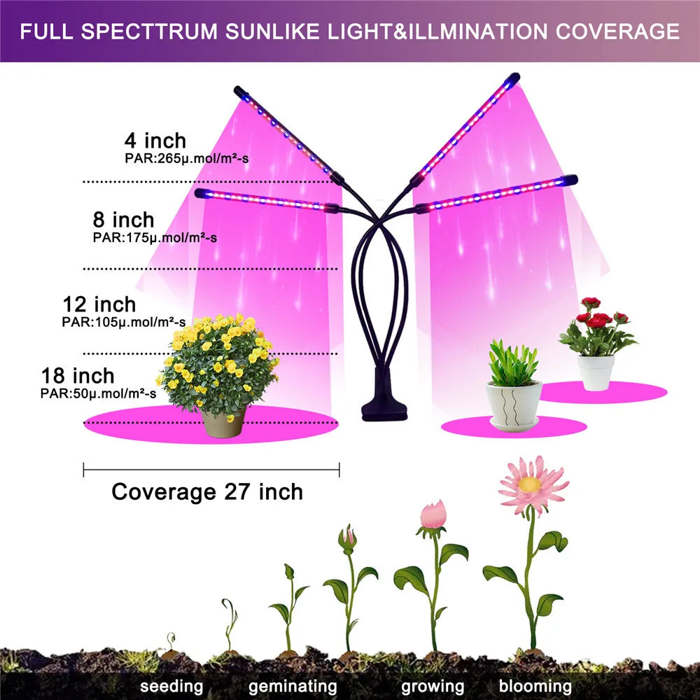 USB LED Plant Grow Light | 1/2/3/4 Head, 10 Dimming Levels, Timer