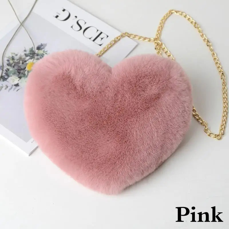 Heart Shaped Fluffy Shoulder Bag Fashion Chain Crossbody Bag Plush Handbag Cute