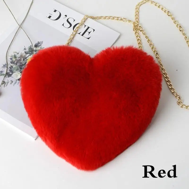 Heart Shaped Fluffy Shoulder Bag Fashion Chain Crossbody Bag Plush Handbag Cute