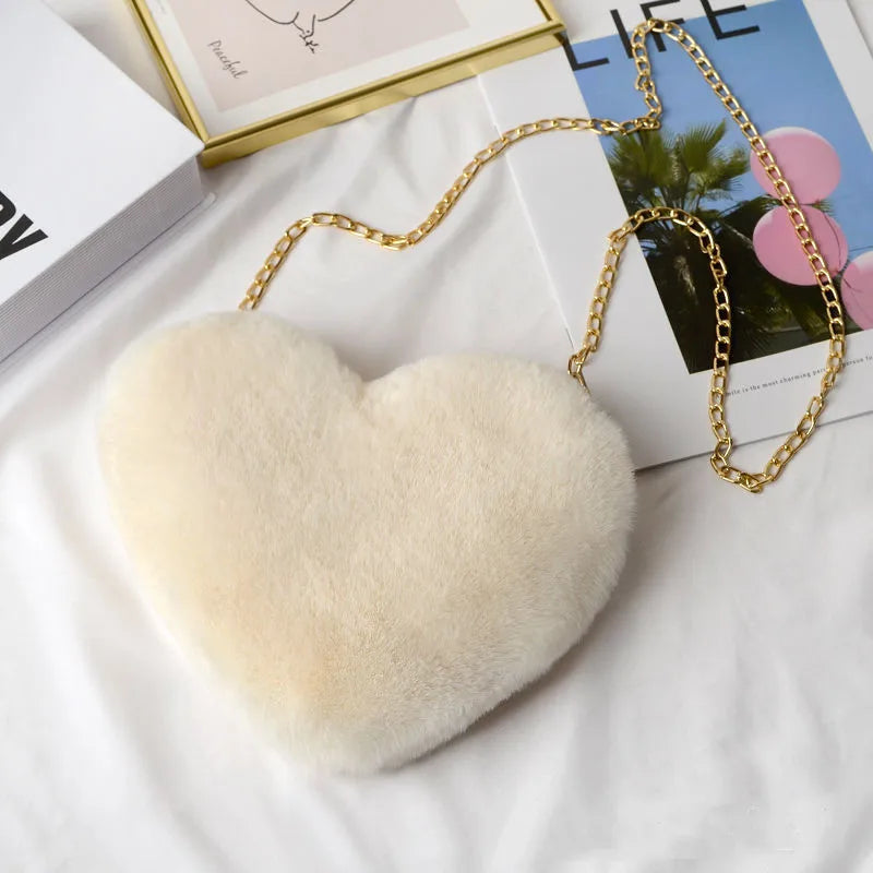 Heart Shaped Fluffy Shoulder Bag Fashion Chain Crossbody Bag Plush Handbag Cute
