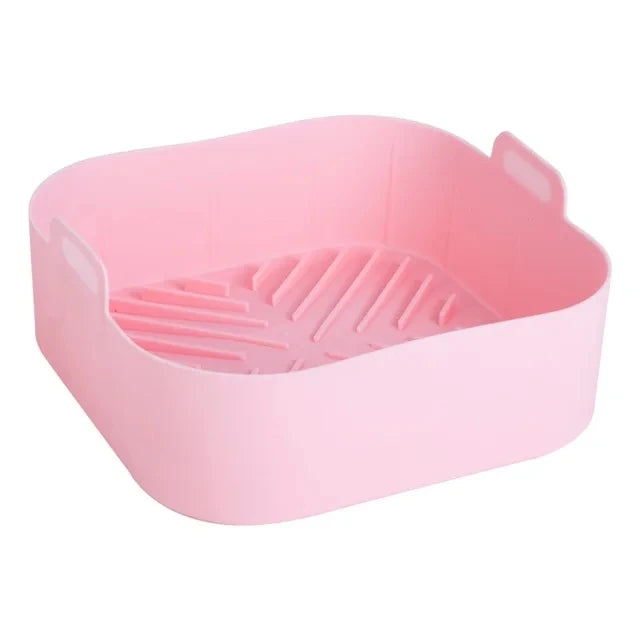 21cm Silicone Air Fryer Oven Baking Tray: Non-Stick Square Basket Mat for Pizza, Fried Chicken - Reusable Airfryer Pan