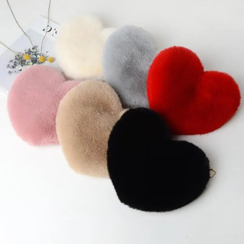 Heart Shaped Fluffy Shoulder Bag Fashion Chain Crossbody Bag Plush Handbag Cute