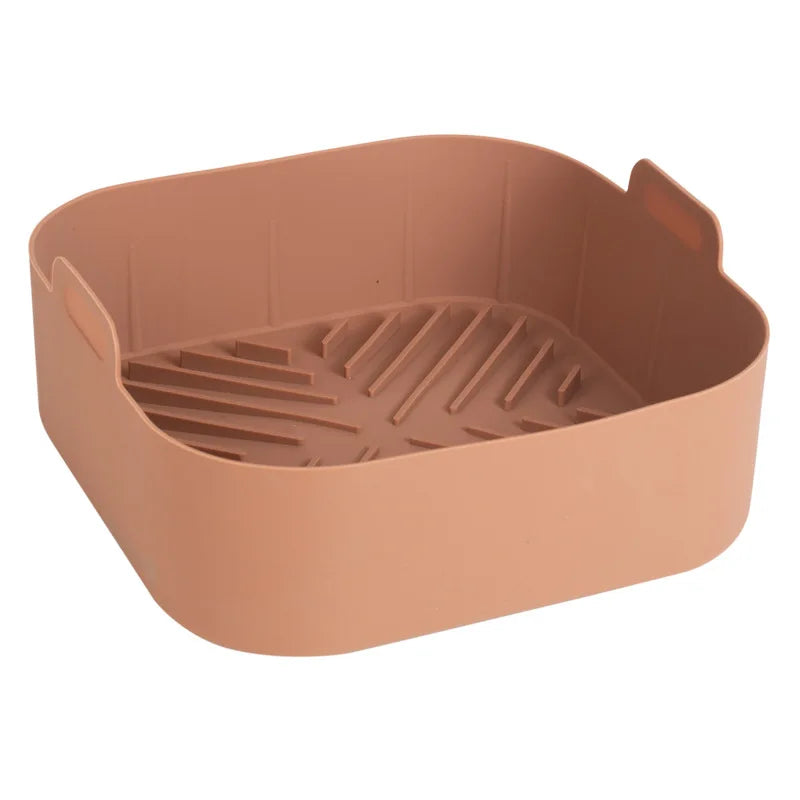 21cm Silicone Air Fryer Oven Baking Tray: Non-Stick Square Basket Mat for Pizza, Fried Chicken - Reusable Airfryer Pan